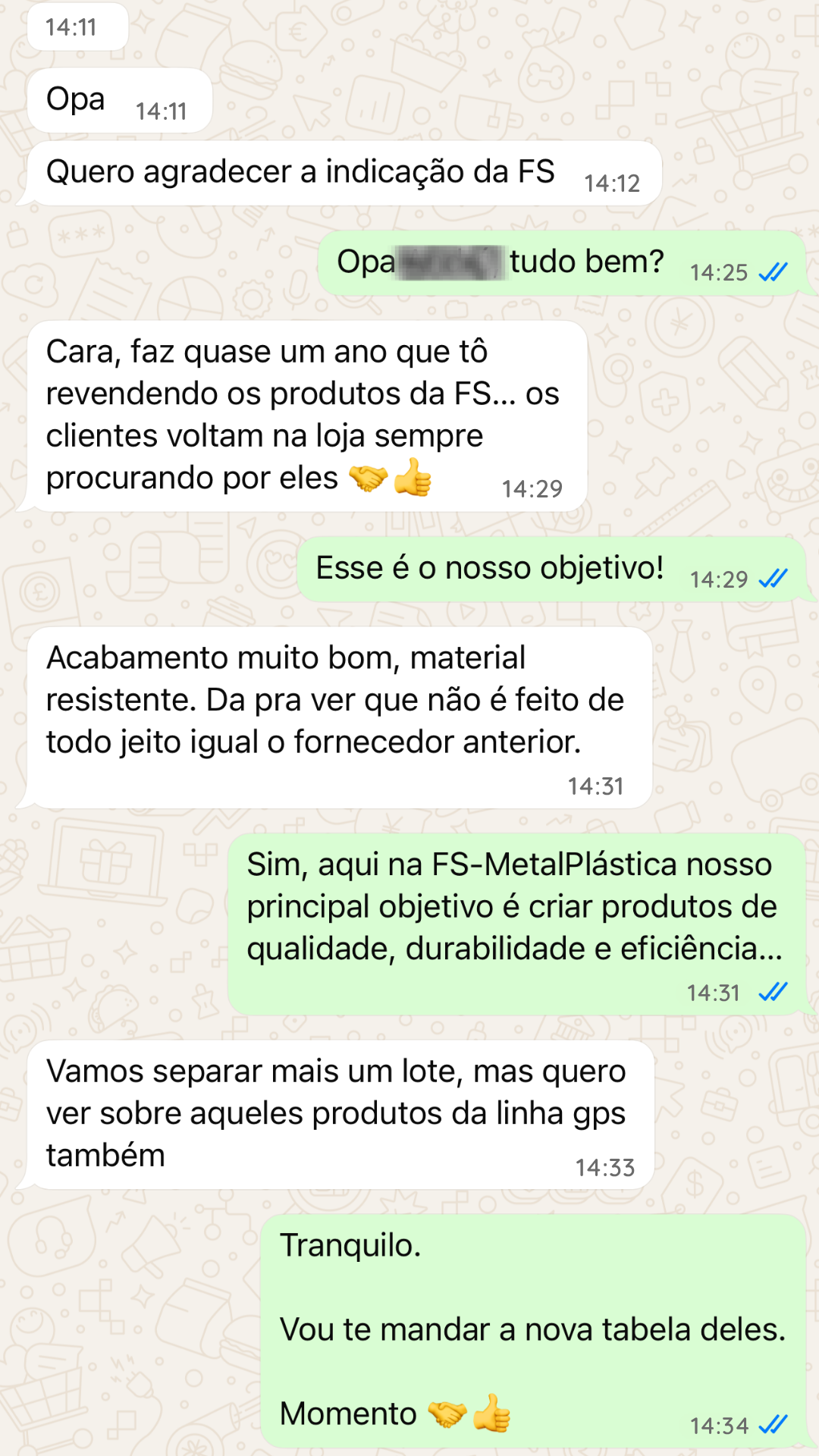 Conversa de revendedor com a FS Metalplástica no WhatsApp