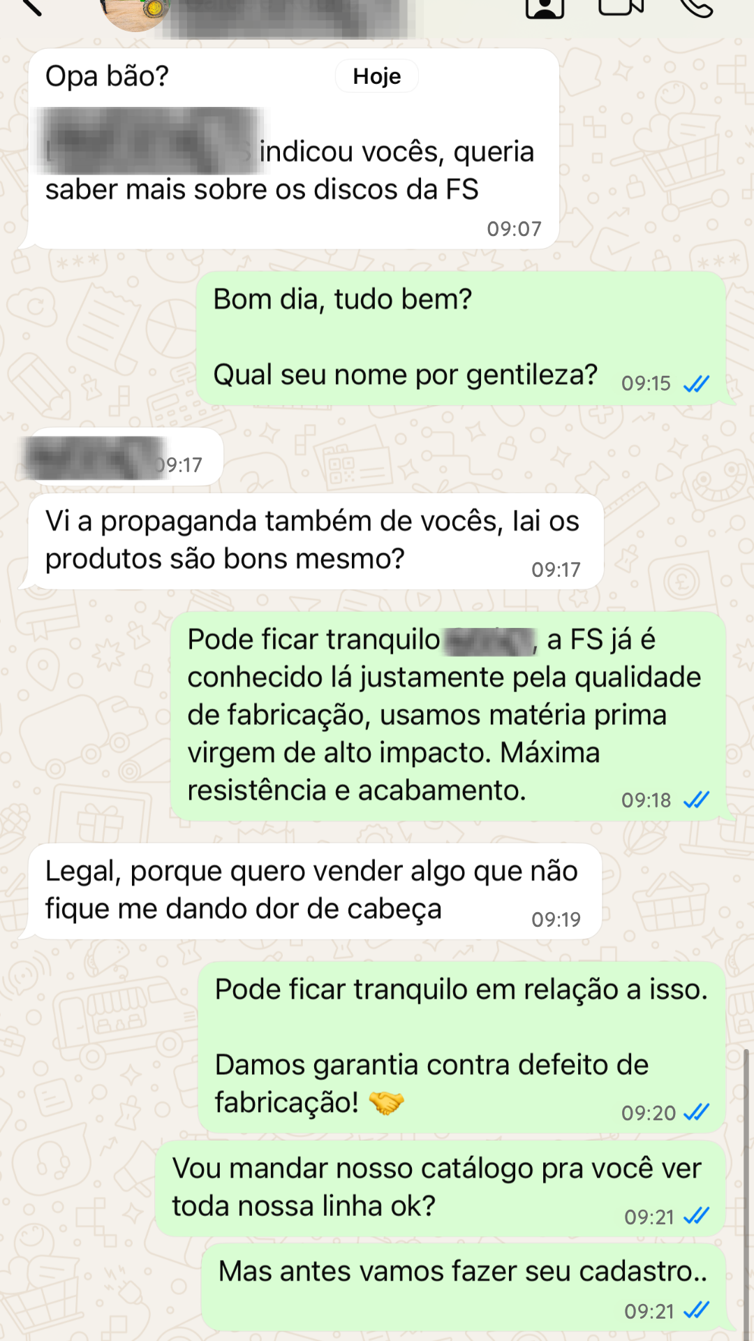 Conversa de revendedor com a FS Metalplástica no WhatsApp