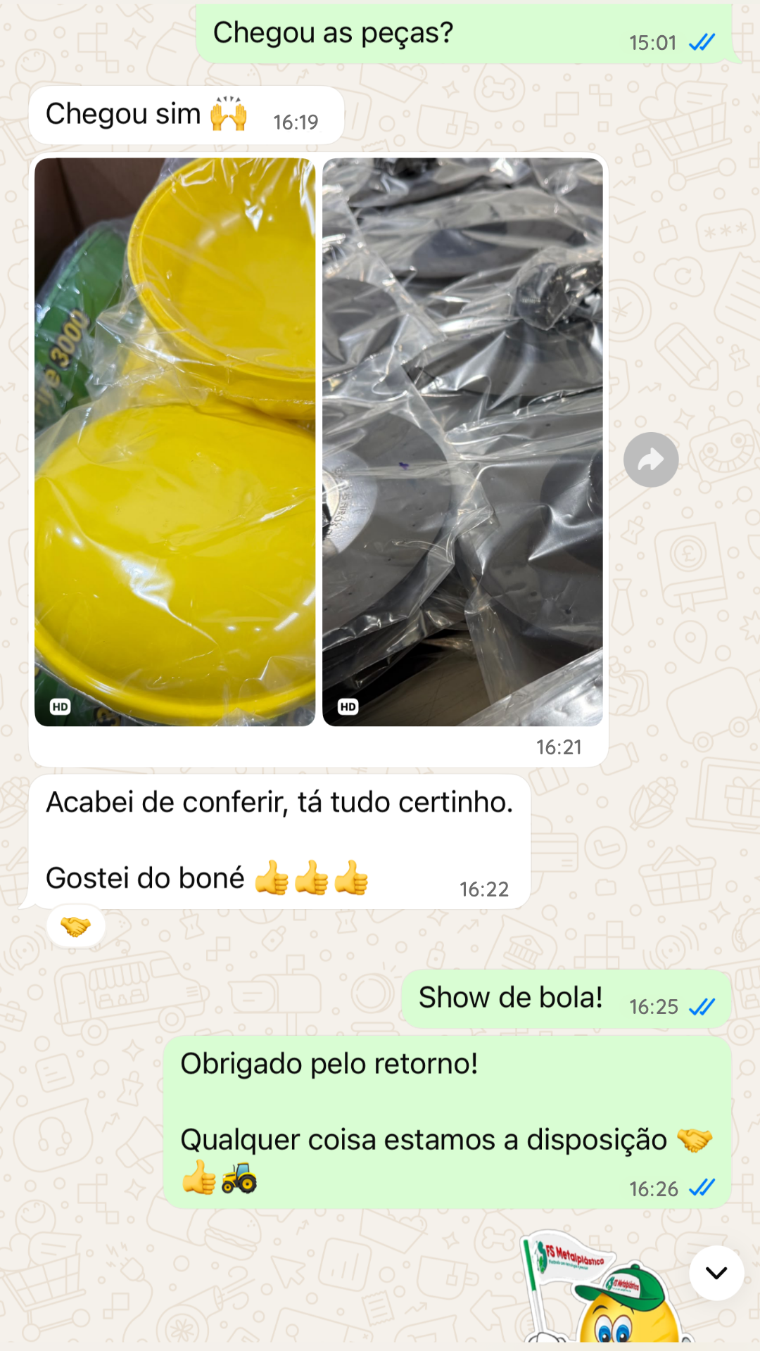 Conversa de revendedor com a FS Metalplástica no WhatsApp