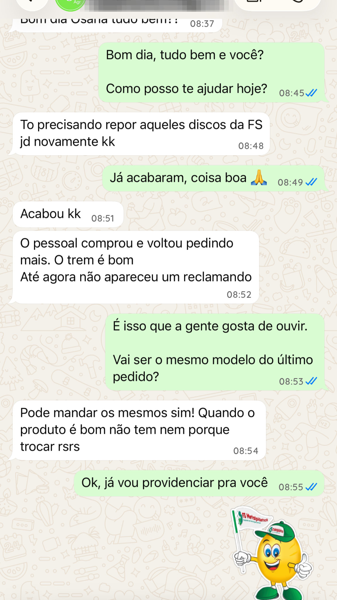 Conversa de revendedor com a FS Metalplástica no WhatsApp